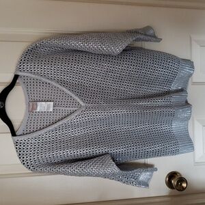 Chico's Silver Metallic Open Knit V neck Sweater Holiday Sweater Size 0 Small